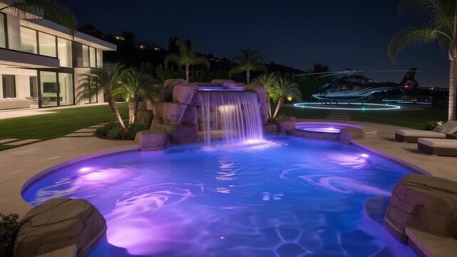 Beverly Hills mansion backyard with cascading waterfall pool lit by colorful LEDs and a private helicopter on a landing pad, luxury.