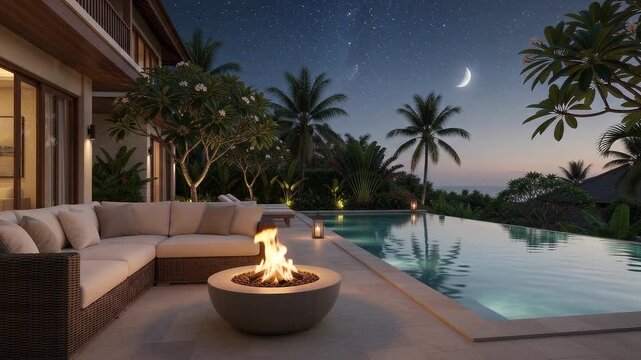 Balinese luxury villa terrace with woven rattan sofa beside a fire pit, infinity pool reflecting a starlit sky, tropical resort evening.