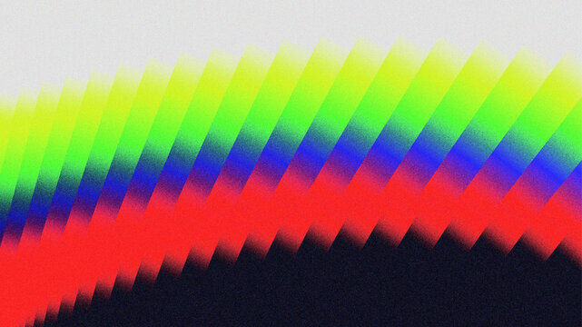 Gradient mesh shape with red, blue, green, and yellow on soft dark blue and white background. Rainbow blending with grainy or noisy textured background. Unique minimalist illustration background.