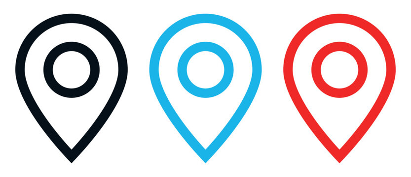 Location pin icon set featuring black, blue, and red outline map markers, navigation, destination, and geolocation symbols