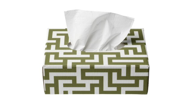 Rectangular cardboard tissue box with green geometric maze pattern and white paper