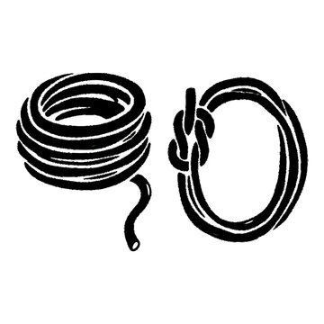 Hand drawn black rope coil and knotted loop illustration set on white background for nautical and adventure design projects