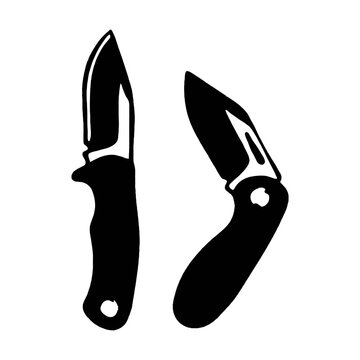 Hand drawn black ink illustration of a hunting knife and a folding pocket knife for outdoor survival and camping gear