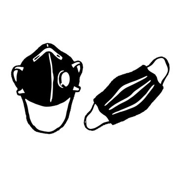Hand drawn black and white face mask and respirator illustration for medical safety and protection