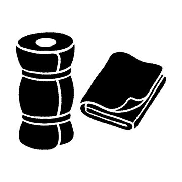 Black silhouette illustration of a rolled sleeping mat and folded blanket for camping and outdoor travel