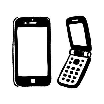 Hand drawn ink illustration of a modern smartphone and a vintage flip phone showing technology evolution