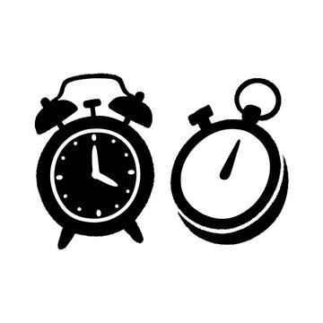 Hand drawn black ink sketch of a classic alarm clock and a stopwatch representing time management and productivity