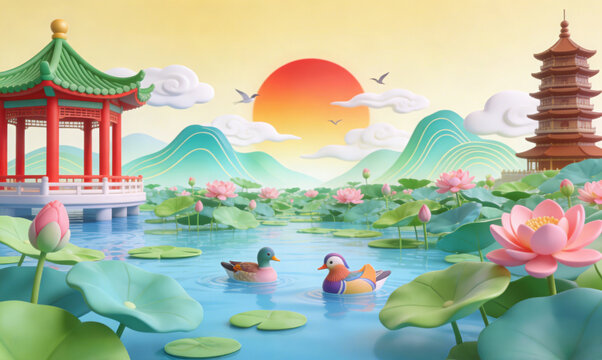 Chinese style 3D clay illustration, lotus pond with mandarin ducks, ancient pavilion, pagoda, sunrise and flying birds