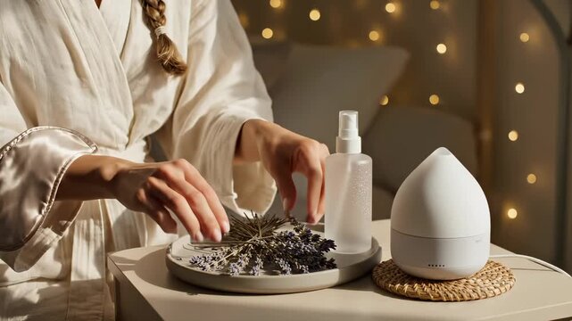 Woman arranges dried lavender near essential oil diffuser. Female prepares aromatherapy for relaxing sleep at home. Woman uses lavender oil for wellness. Relaxing home spa with diffuser.
