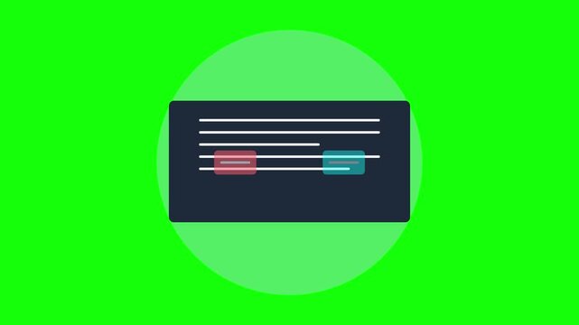 Animated code editor interface with text lines and ui buttons on green screen chroma key programming interface