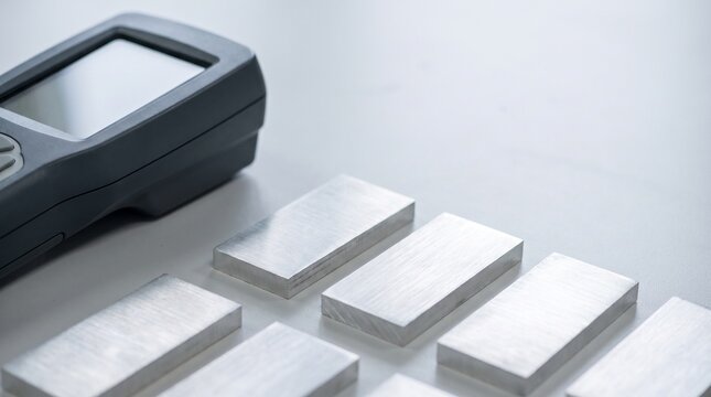 Handheld XRF spectrometer testing aluminum alloy (Al) metal samples, portable metal analyzer and block material for quality control and material testing