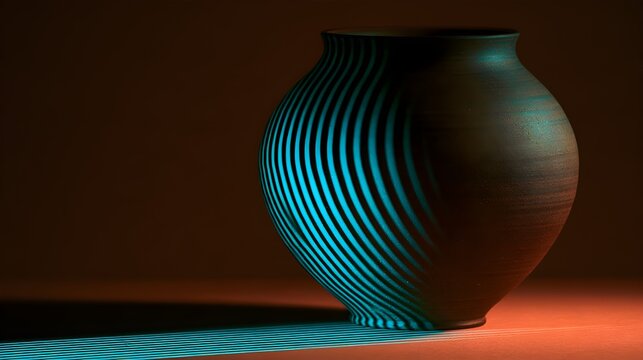 A cyan light projection crossing a curved ceramic vase