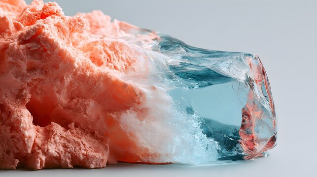 Ice cube melting on rough pink material surface