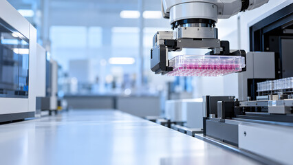 Obraz na płótnie Canvas Automated Robot Moving Microplate in High Tech Research Lab