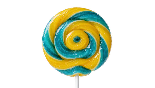 Yellow and teal swirl round hard candy lollipop on a white stick