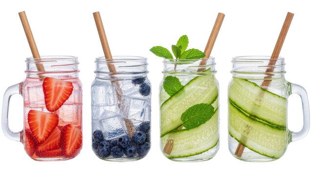 Four mason jar glasses with fruit infused water and bamboo straws