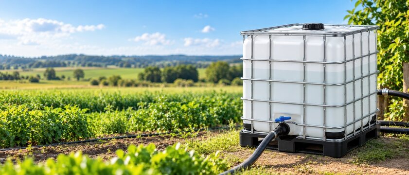 Large White Water Storage Tank with Irrigation Hose Beside Green Agricultural Fields in Sunny Rural Landscape