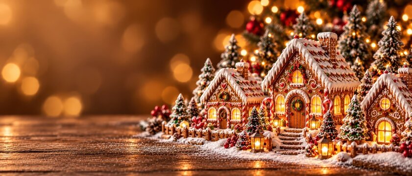 Magical Christmas Gingerbread Village with Decorated Snowy Cookie Houses and Glowing Lights on Festive Wooden Background
