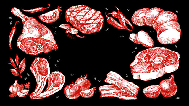 Hand drawn sketch meat and vegetables frame. Butcher shop background. Vector vintage collage illustration. Menu poster design on black chalkboard background