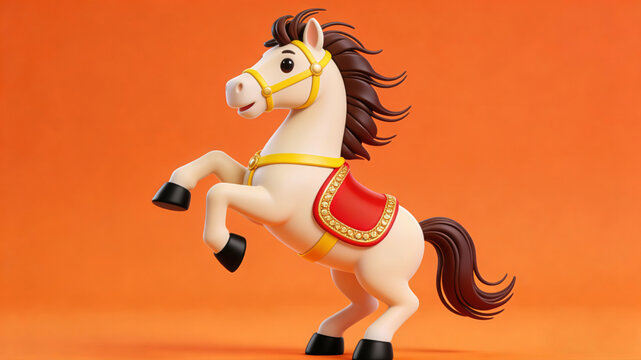 Cute 3D Clay White Horse with Red Saddle, Jumping on Solid Orange Background