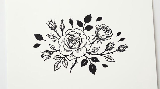 Elegant botanical rose flower silhouettes and blossom buds decorative stampmonochrome natural floral tattoo stencil s isolated on blank backdrop for branding and luxury packaging rose
