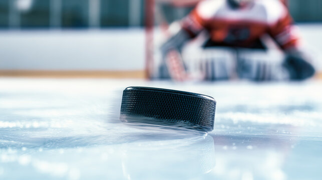 Close-up of a black hockey puck sliding on the ice with a blurred hockey player in a red jersey in the background, ice scratches on ice rink