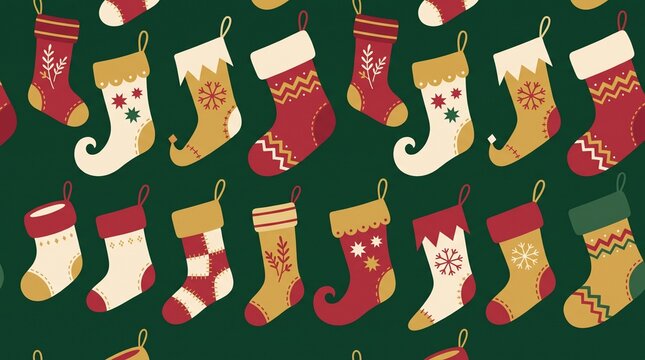 Vintage Christmas stocking seamless pattern, festive holiday background with red and gold socks, traditional winter textile design for gift wrap