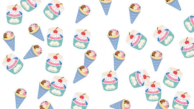 Seamless pattern with cute cartoon ice cream cones and sundae cups on white