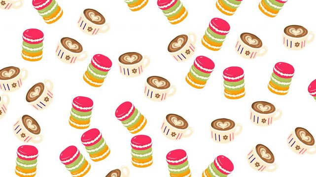 Seamless pattern with cute coffee cups and colorful macaron cookie stacks