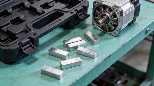 rare earth magnet: Samarium cobalt magnet bars scattered on a workbench beside a brushless motor housing and a custom cutout hard case