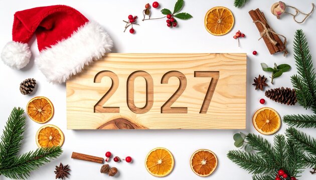 Wooden 2027 sign with Santa hat, orange slices, pine, cinnamon