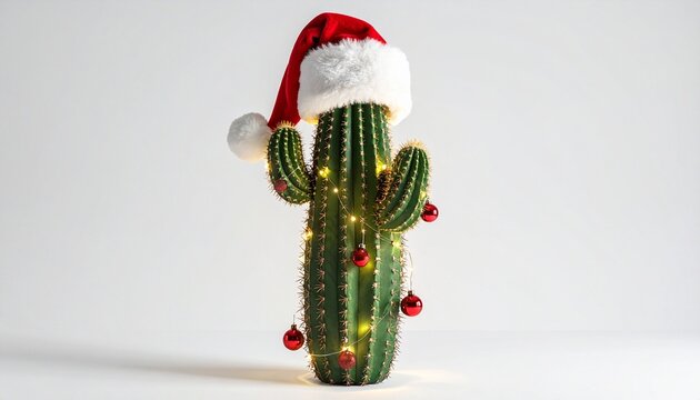 Green cactus wearing Santa hat, red baubles, fairy lights, white background