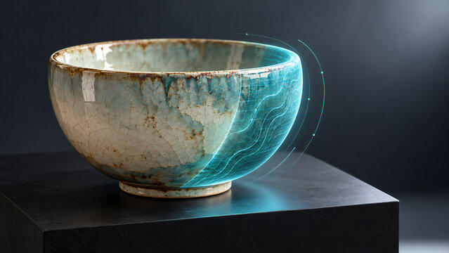 Ceramic bowl turquoise glaze pottery vessel craft pottery decorative design light effect crackle glaze handmade style dark background