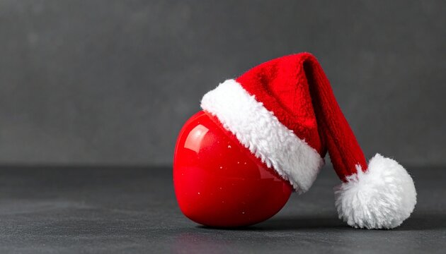 Glossy red heart wearing Santa hat, grey background, golden bokeh