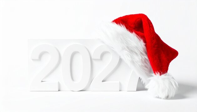 White embossed 2027 block topped with red Santa hat, minimal background