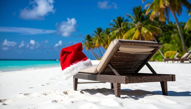 Santa hat on beach lounger, tropical turquoise sea, palm trees