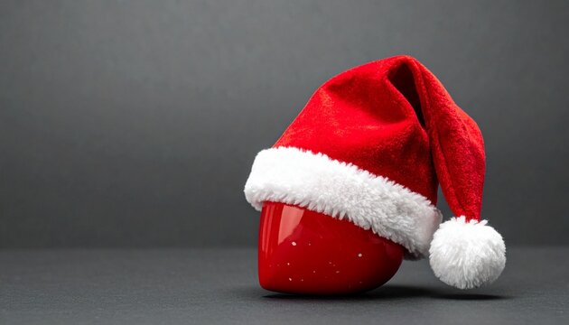 Glossy red heart wearing Santa hat, grey background, golden bokeh