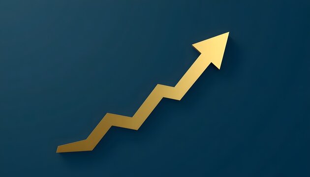 Golden zigzag arrow rising upward on dark navy blue background with soft shadow, business growth, success and financial progress concept with copy space
