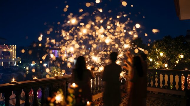 People releasing lanterns during nighttime celebration on a balcony