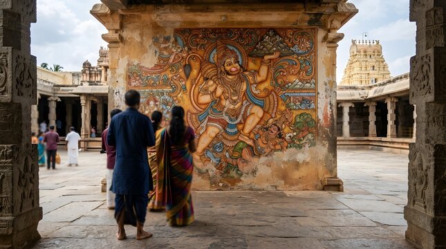 Tourists admiring ancient temple mural in historic Indian architecture