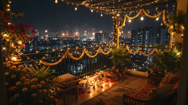 Cozy balcony decorated with string lights overlooking city skyline at night