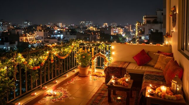 Cozy balcony decorated with lights and plants at night overlooking city