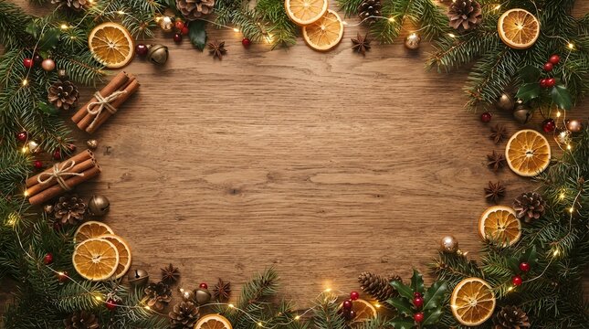 Festive Christmas wooden background with dried oranges and pine branches