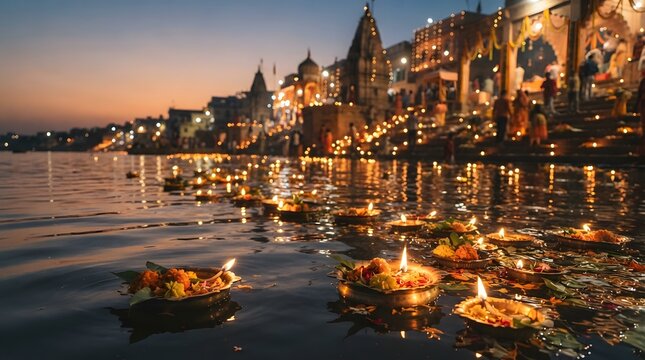 Floating candles on river during evening ceremony in Varanasi, India