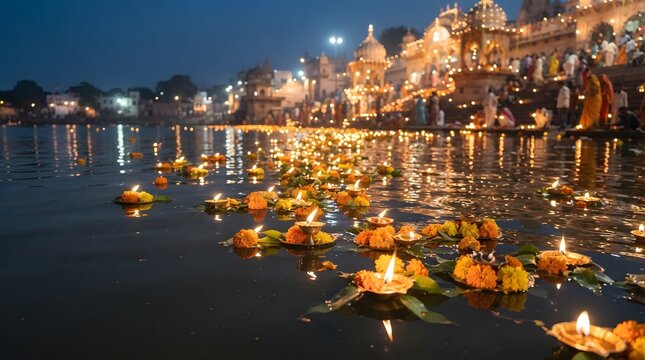 Floating Diyas on River During Evening Festival Celebration