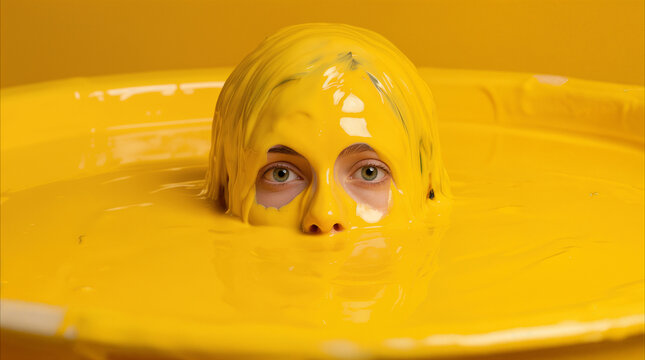 Face submerged in thick yellow liquid with eyes looking directly forward, artistic conceptual portrait.