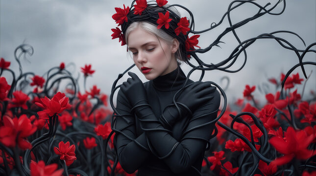 Young woman entwined by dark thorny vines in surreal fantasy red floral field. Concept art of melancholic beauty and emotional constraint outdoors.