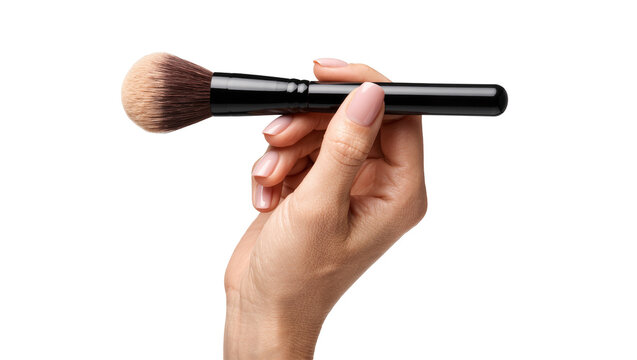 Hand holding a black cosmetic makeup brush with soft brown bristles