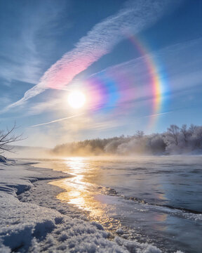 A vibrant vertical sun dog rainbow phenomenon glowing above a misty, partially frozen river and frost-covered trees in winter.