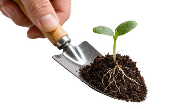 Hand holding metal garden trowel with soil and small green seedling with roots
